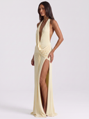 Split Backless Halter Neck Maxi Dress - Yellow Side View