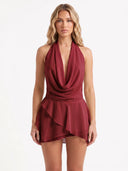 Ruffled Halter Neck Mini Dress Red - Front View