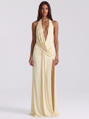Split Backless Halter Neck Maxi Dress - Yellow Front View