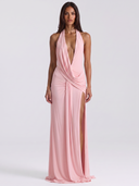 Split Backless Halter Neck Maxi Dress - Pink Front View