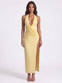 Ruched Split Halter Neck Maxi Dress