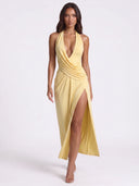 Ruched Split Halter Neck Maxi Dress